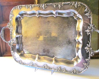 Vintage Silver Plated Waiter's Tray, Butler Tray, Grapes and Vines Bar Tray, Hollywood Regency, Silver on Copper Ornate Tray