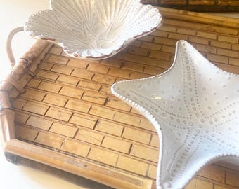 Two White Embossed Starfish and Shell Bowls, Mudpie, Inc, Shell Bowls, Beach House Decor