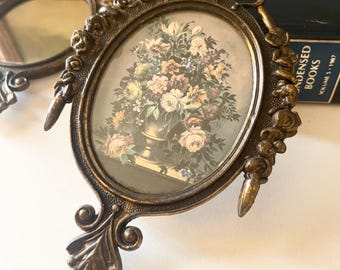 Vintage Italian Set of Two Florentine Mini Frames, Floral Print and Mirror, Wall Gallery Decor, Cast Metal Frames