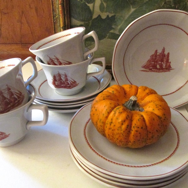 Vintage Wedgwood "Flying Cloud Rust" Dinnerware, Four Cups and Saucers, Cereal Bowl, Bread & Butter Plates, Nautical Decor