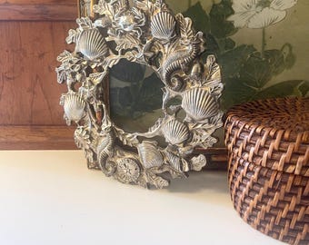 Vintage Seahorse and Shell Wreath Trivet, Silver Plated Coastal Beach Wall Decor, Silver Beach Coastal Wreath, Wall Decor, Window Decor
