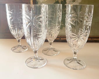 Vintage Four Vintage Godinger Shannon Crystal Ice Tea or Water Glasses, Cocktail Glasses, "Palm" Pattern, South Beach Collection