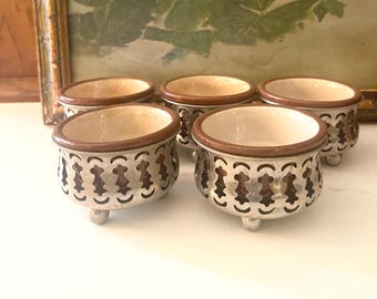 Five Vintage Weller Ramekins, Redware Pottery, Arts & Crafts, Small Bowls, Silver Metal Holders, Farmhouse Kitchen, Dip Bowls, Open Salt