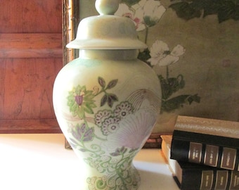Vintage Chinoiserie Ginger Jar Vase, Seymour Mann, "Fleur Chinois" Soft Green and Lavender Vase
