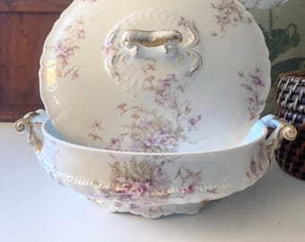 Vintage French Theodore Haviland Limoges  Covered Casserole Dish, Small Lidded Serving Dish, Pink Rose Garland, Romantic Dining,