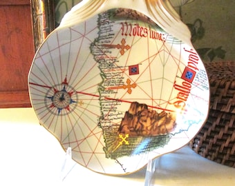 Vintage Vista Alegre  "Bartolomeu Dias" Oriental Shell Tray, Portugal Made, Old World Decor, Nautical Map Decorative Dish, Porcelain
