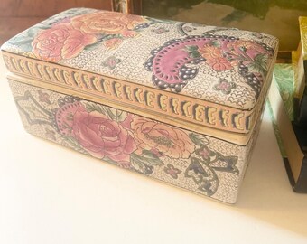 Vintage Boho Roses Macau China,  Hand Painted Lidded Box, Vintage Gift, Grandmillennial Decor, Home Office Decor, Famille Rose Style