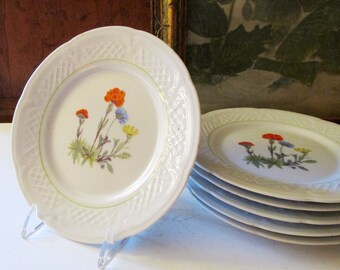 Six Lourioux France Plates, Dessert Plates, Wildflower Pattern, Cheese Plates, Vintage Serving Plates, Alfresco Dining, Bread and Butter
