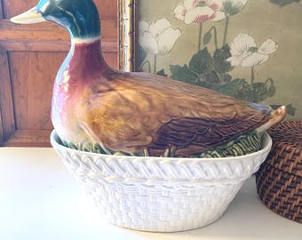 Vintage Large Duck on Basket, Hand Painted Lidded Dish, Mallard Duck Tureen, Sideboard Decor, Hunt Country Decor, Thanksgiving Table