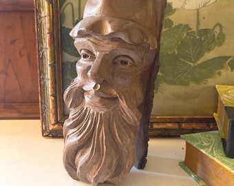 Vintage Carved Wood Man, Folk Art Man Wearing Hat Face Sculpture,