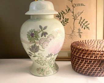 Vintage Seymour Mann Chinoiserie Ginger Jar Vase, "Fleur Chinois" Soft Green and Lavender Vase