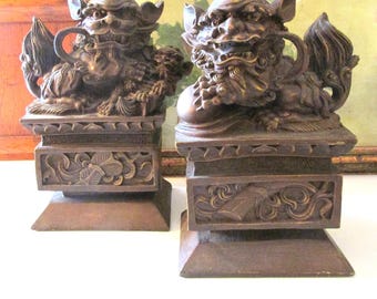 Vintage Foo Lion Dog Statues Pair, Bombay Company, Chinoiserie Chic Decor
