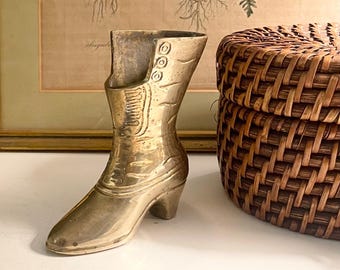 Vintage Brass Victorian Boot Planter, Lace-Up Vase, Match Holder