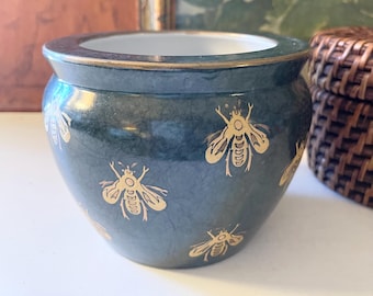 Vintage Small Gilded Bumble Bee Planter, Green and Gold Cachepot, Andrea By Sadek, Housewarming Gift