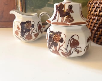 Vintage Villeroy and Boch Creamer and Sugar Bowl, Lotosblute Gold, German Porcelain Set, Chinoserie Lotus Floral and Butterfly