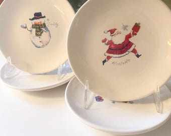Boxed Set of Four Christmas New Old Stock Vintage Pier 1 Appetizer Plates, Santa, Snowman Xmas Tree and Presents,