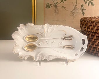 Vintage Germany Double Tea Spoon Holder, Gilded Art Nouveau Tray