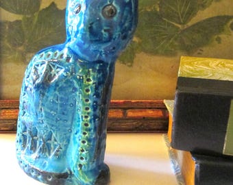 Vintage Bitossi Rimini Blue Cat by Aldo Londi, Italy, Flavia Montelupo Bitossi Ceramiche, Double Faced Cat Figurine, Gift For Cat Lover