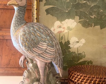 Vintage Chinoiserie Large Peacock Sculpture, Hand Painted Teal and Rose Gilded Bird, Hollywood Regency, Palm Beach Decor