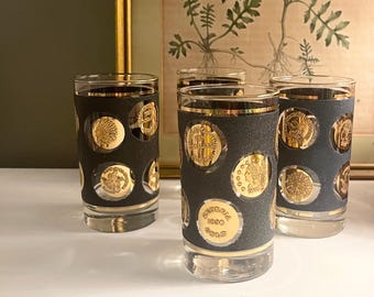 Vintage Set of Four Libbey Coin and Black Hiball Glasses, Hollywood Regency, Barware, Retro Glassware