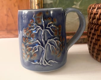 Vintage Art Pottery Mug, Tree of Life Mug, Christmas Mug Gift, Blue Glaze