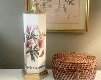 Vintage Portmeirion Lamp, Rhododendron Floral, Brass Accent