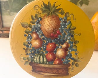 Vintage Wooden Hand Painted Fruit Basket Round Box, Lidded Satin Glass Footed Candy Bowl, Grandmillennial Gift, Theorem Painting Trinket Box