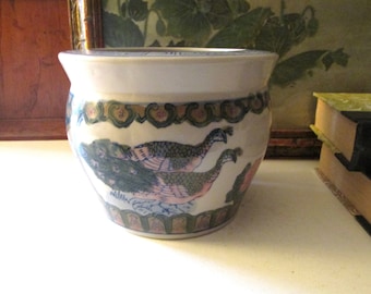 Vintage Small Peacock Fish Bowl Planter, Ceramic Vase, Teal Green and Rose Planter, Greek Key Design, Palm Beach Decor, Chinoiserie Chic