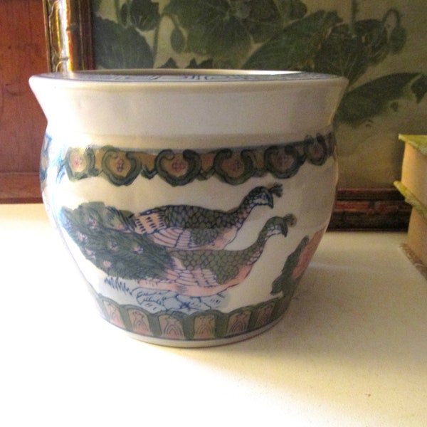 Vintage Small Peacock Fish Bowl Planter, Ceramic Vase, Teal Green and Rose Planter, Greek Key Design, Palm Beach Decor, Chinoiserie Chic