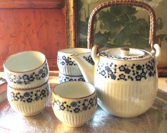 Vintage Japanese Rattan Handle Teapot and Five Cups, Chinoiserie Floral Blossom Tea Set,