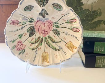 Vintage Blue Ridge Southern Potteries Round Hand Painted Tray, Scallop Shell Tray, Pink Floral, Dresser Tray, Grandmillennial Gift