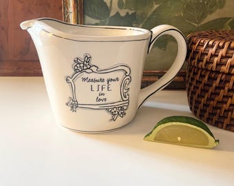 Katie Mandy "Measure Your Life In Love"  Mixing Bowl, Four Quart Porcelain Handled Measuring Cup, Gift For Baker, White and Black
