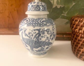 Vintage Small Oriental Peacock Ginger Jar, Blue and White, Chinoiserie Chic Temple Jar, Mantel Decor, Grandmillennial, Hollywood Regency
