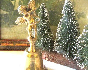 Vintage Brass Cherub Dinner Bell, Golden Angel Bell, Christmas Decor