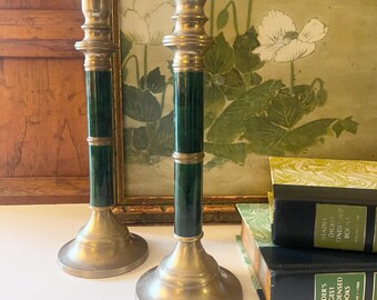 Vintage Faux Malachite and Brass Candle Holders, Brass Candlesticks, Mantel Decor, Traditional Decor, Hollywood Regency