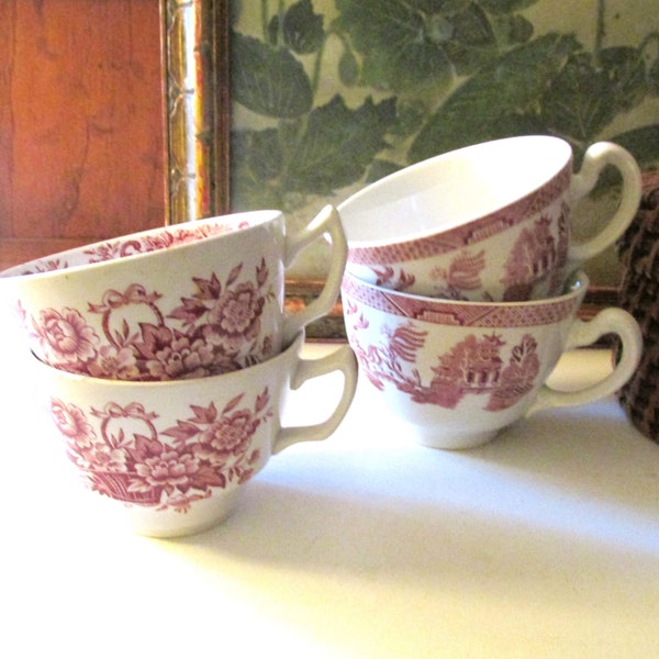 Vintage Lot of Four English Transferware Cups, Woods Red Willow, Ridgway "Old English Bouquet" Cups