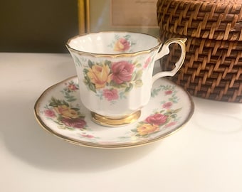 Vintage Queen's England Bone China Teacup Set, Yellow and Red Country Roses