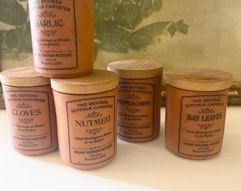 Vintage 5pc Henry Watson Pottery England, "The Revised Suffolk Canister" Spice Jar Set, Bistro Kitchen, Safari Decor, British Colonial Decor
