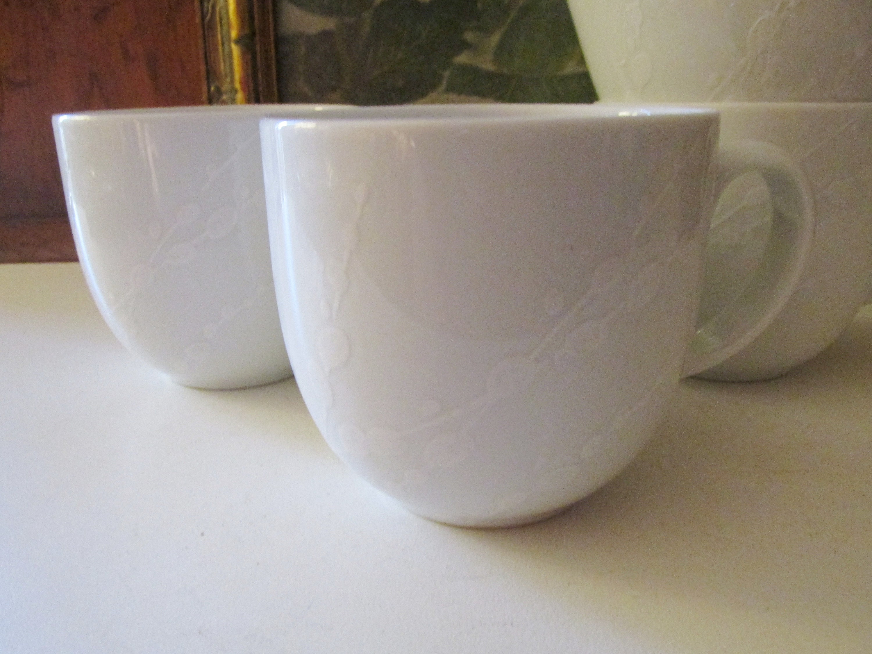 Four Vintage Denby White Mugs, Chinoiserie trace Pussy Willow Coffee or Tea  Mugs, English Country, Chinoiserie Chic 