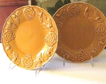Vintage Pair Bordallo Pinheiro Turkey Yellow Salad Plates, Thanksgiving China, Embossed Acorns and Turkey