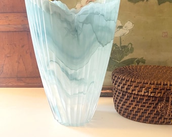 Vintage Tall Swung Glass Vase, Blue Teal Ribbed Glass Crystal Vase, Hollywood Regency Flower Vase, Slag Glass Style