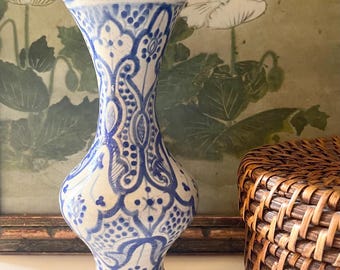 Vintage Vintage Moroccan Safi Vase, Hand Painted Boho Pottery Vase, Blue and White Decor