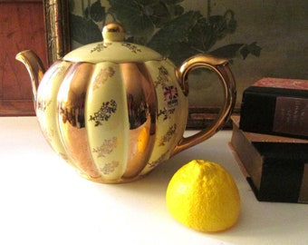 Vintage Gibson England Teapot, Staffordshire Golden Striped Teapot, Metallic and Yellow Floral