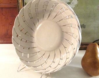 Vintage Italian Porcelain Basketweave Shallow Bowl, White Fruit or Bread Bowl, Alfresco Dining, Grandmillennial Decor