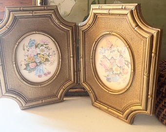 1980's Large Retro Hollywood Regency Double Photo Frame, Gold Bamboo Motif Frame, Chinoiseire Chic, USA Made by Homco, Inc, Cottage Core