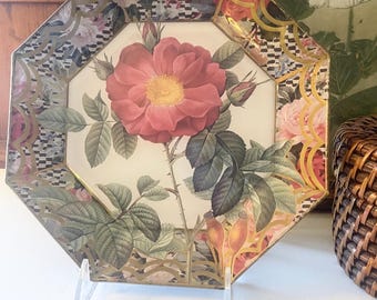 Vintage Marye Kelly Decoupage Plate, 1996 Melinda Marye Art Glass, Camellia Floral Octagon Plate, Wall Gallery Plate, Gift for Gardener