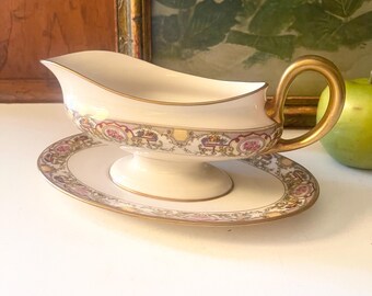 Vintage Morgan Belleek USA, "Victoria" Gravy Boat with Attached Underplate, Fruit Baskets and Roses, Grandmillennial Dining