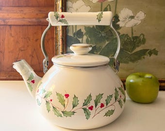 Vintage Lenox "Holiday" Enamel On Steel Tea Kettle, Christmas Tea Kettle, Holly Berry Xmas Teapot