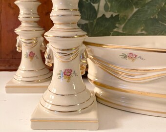 Vintage Trio Centerpiece Set, Roses and Swag Cachepot and Candle Holder Set, Grandmillennial Decor, Cottage Core, Pink Floral And Gilt