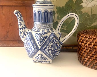 Vintage Chinoisere  Teapot, Geometric Blue and White,  Andrea by Sadek